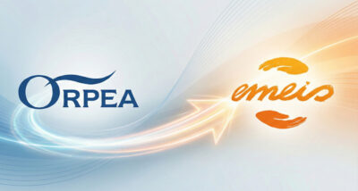 Illustration du changement de nom du groupe Orpea qui devient Emeis : transition entre l'ancien et le nouveau logo.